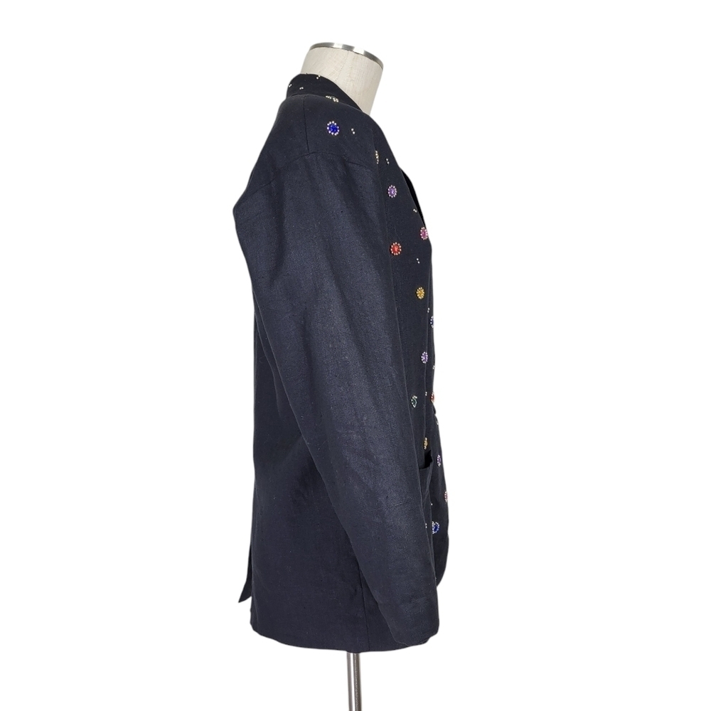 Adam Douglass Adriana Papell Blazer Size S Black Embellished Long Linen 90s Y2K - Picture 5 of 11